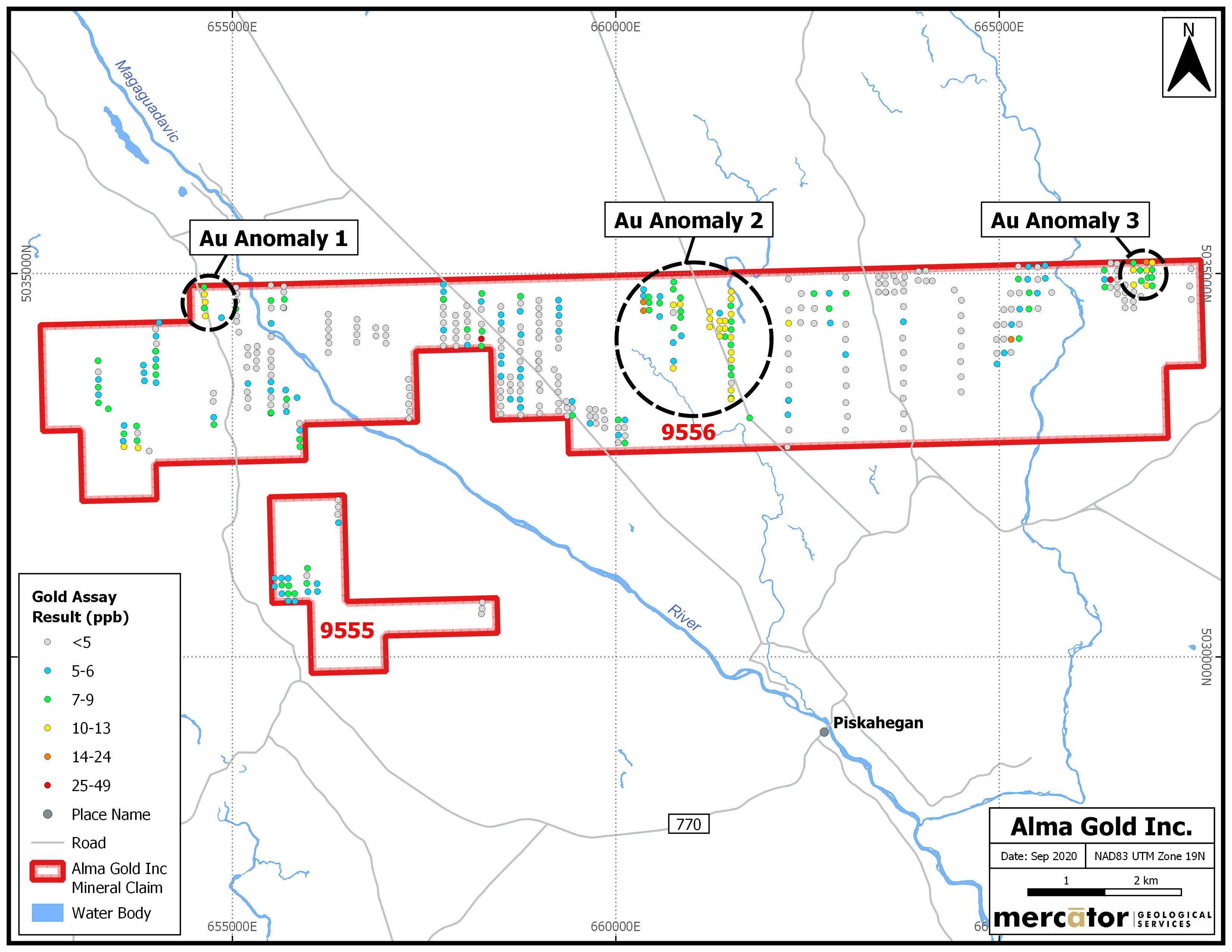 Figure 2: Clarence Stream North Gold Project â€“ Phase One Soil Sample Results Compilation